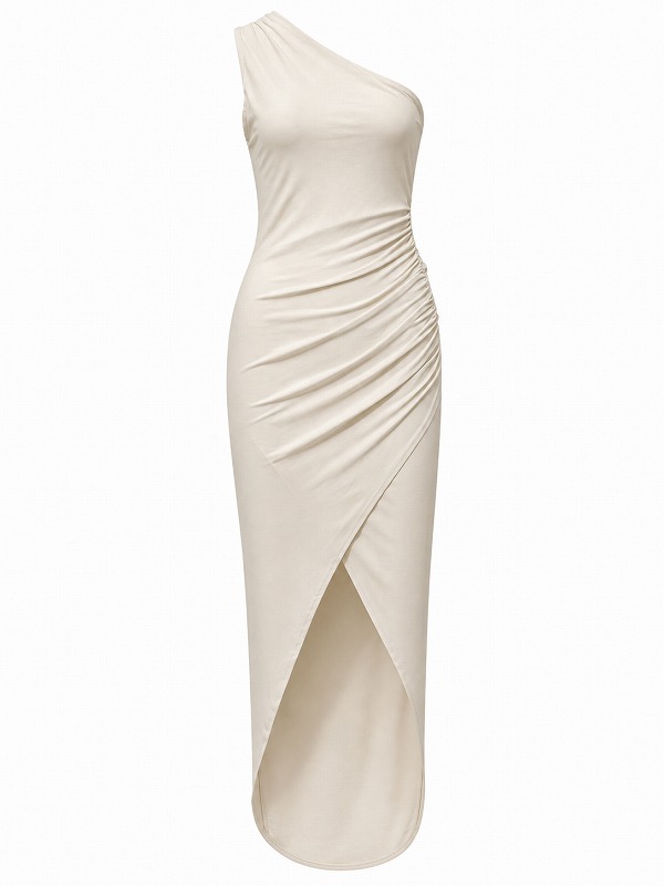 【新品DRESS 49】アシンメトリースリットワンショルタイトミディアムドレス アイボリー【IN THE STYLE】